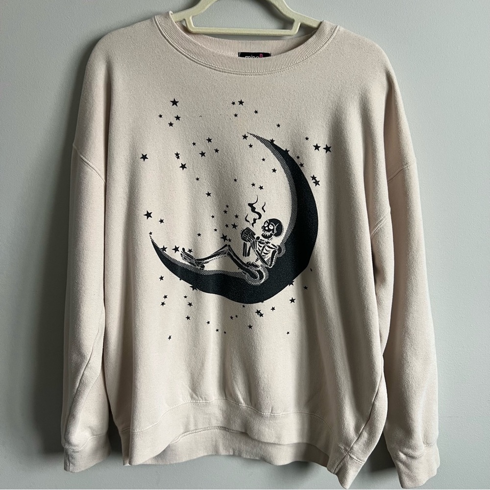 Womens Cream Skeleton Moon Graphic Sweater, Size Large